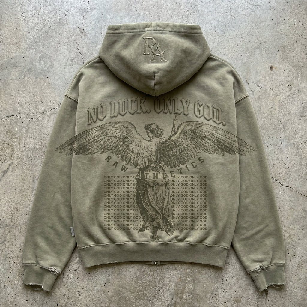 No Luck, Only God - Distressed Zip Hoodie